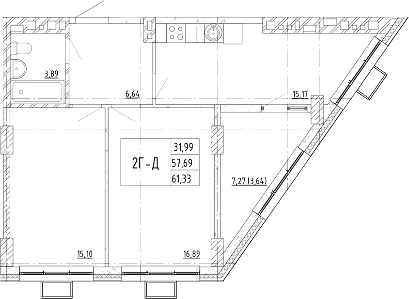 Планировка 2-комнатная 61,33 м²