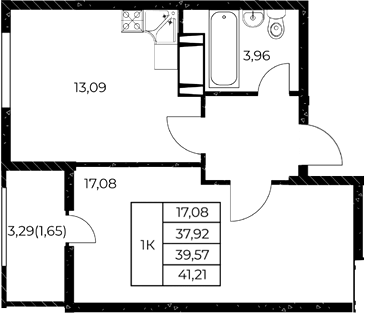 Планировка 1-комнатная 41,21 м²