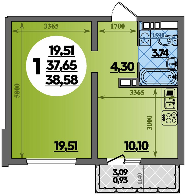 Планировка: 1-комн. квартира 38,6 м²