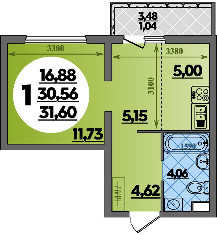 Планировка: Студия 31,6 м²