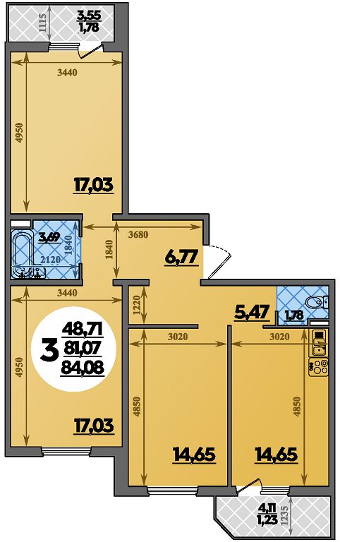 Планировка 3-комнатная 84,08 м²