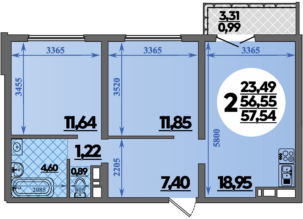 Планировка 2-комнатная 57,54 м²