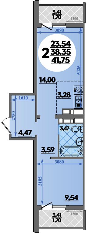 Планировка 2-комнатная 41,75 м²