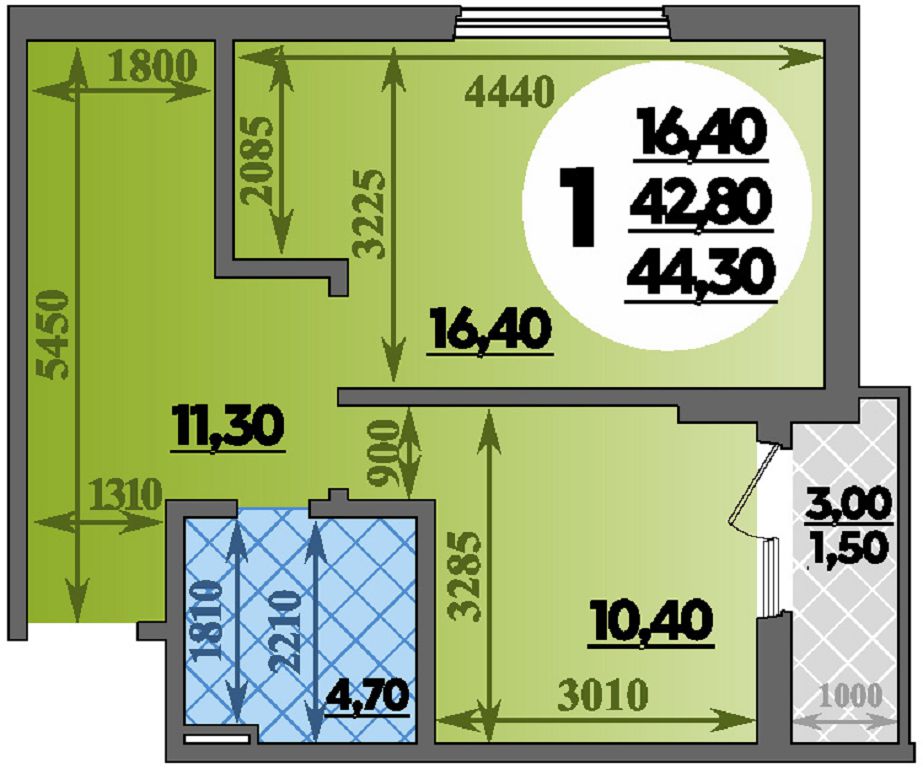 Планировка 1-комнатная 44,3 м²