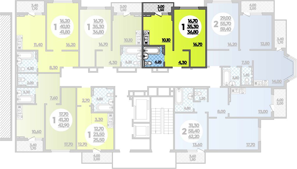 Планировка 1-комнатная 36,8 м²