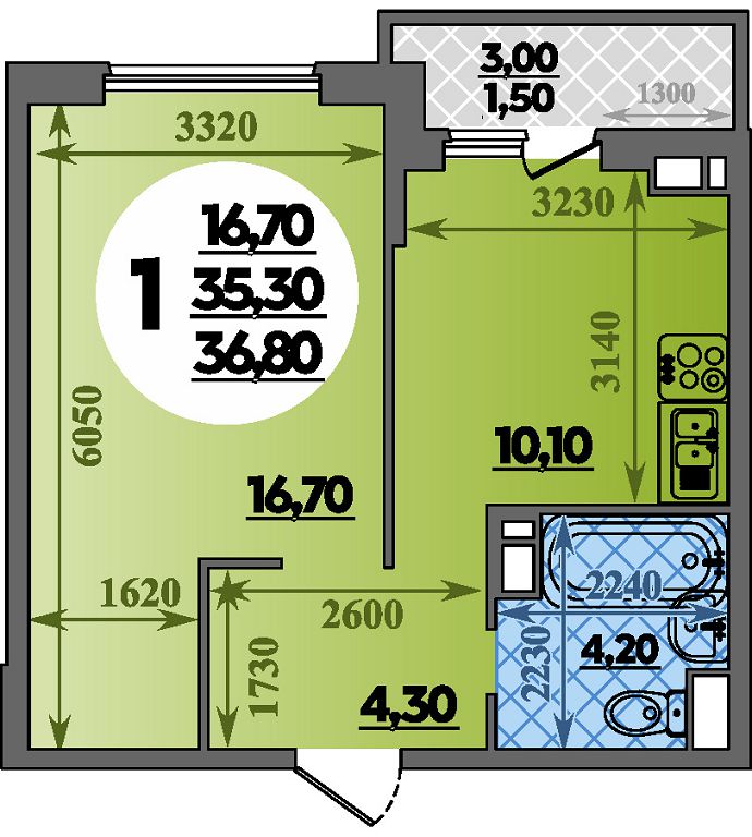 Планировка: 1-комн. квартира 36,8 м²