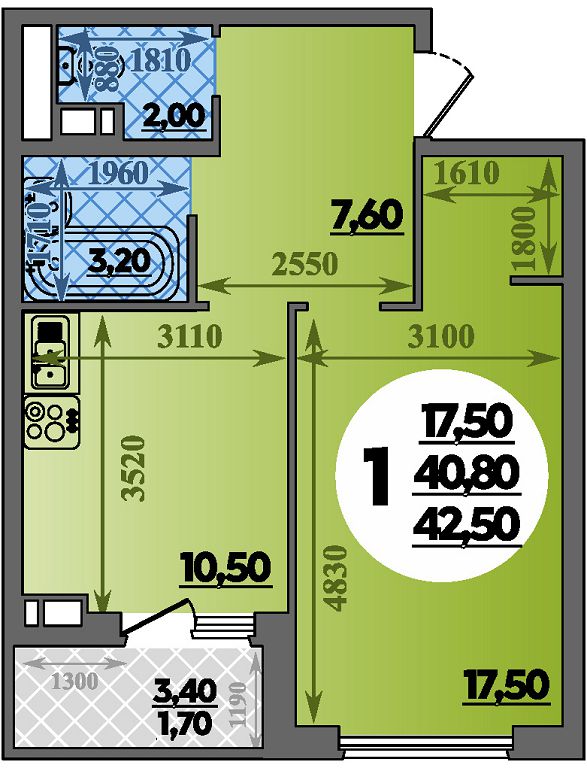 Планировка 1-комнатная 42,5 м²