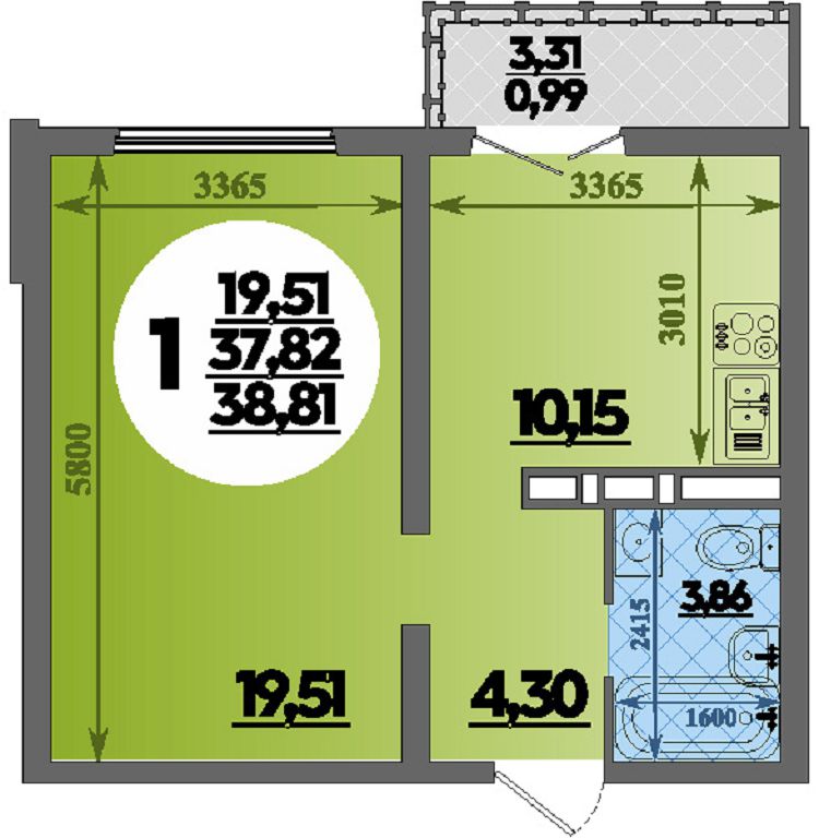Планировка 1-комнатная 38,81 м²