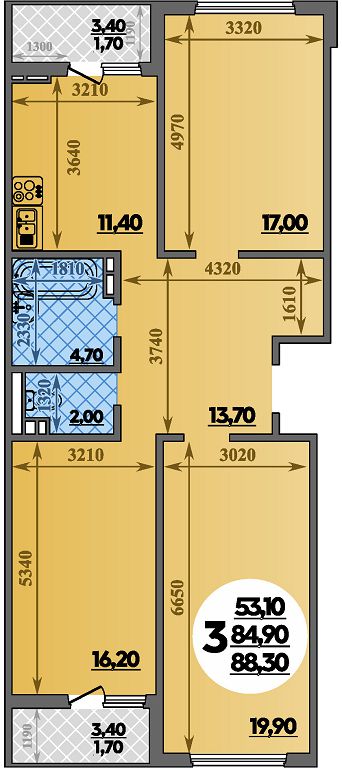 Планировка: 3-комн. квартира 88,3 м²
