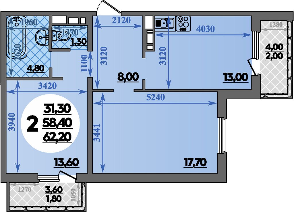 Планировка: 2-комн. квартира 62,2 м²
