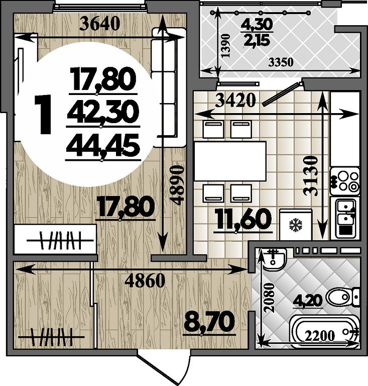 Планировка 1-комнатная 44,45 м²