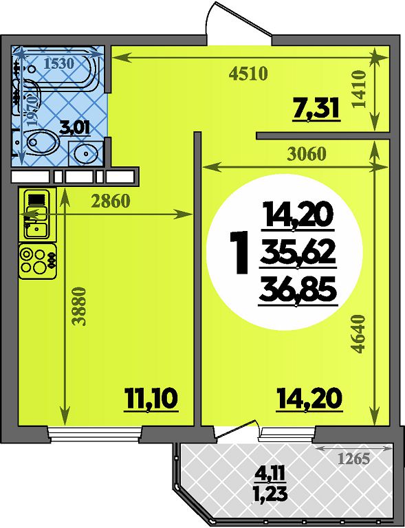 Планировка 1-комнатная 36,85 м²