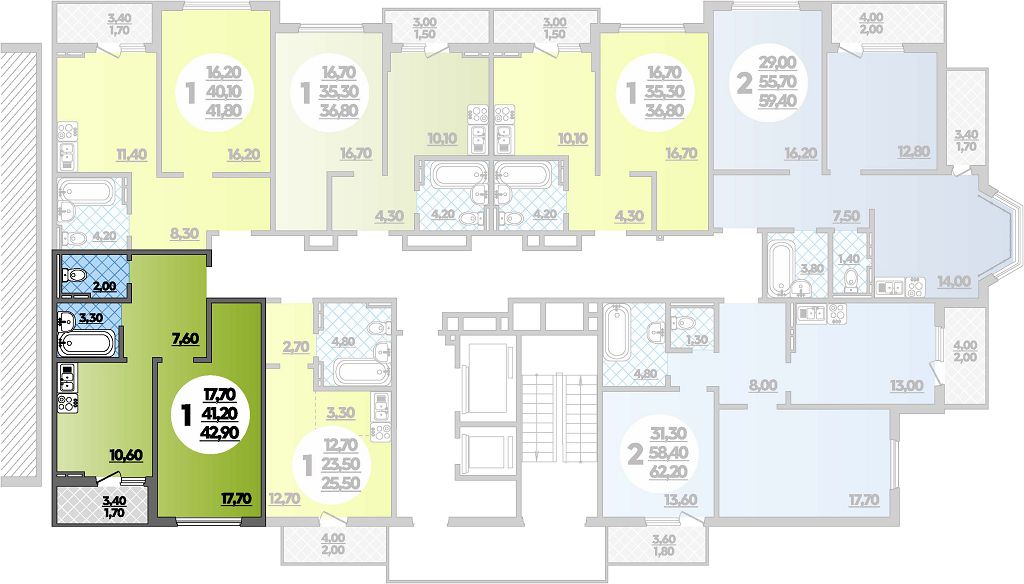 Планировка 1-комнатная 42,9 м²