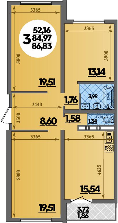 Планировка 3-комнатная 86,83 м²