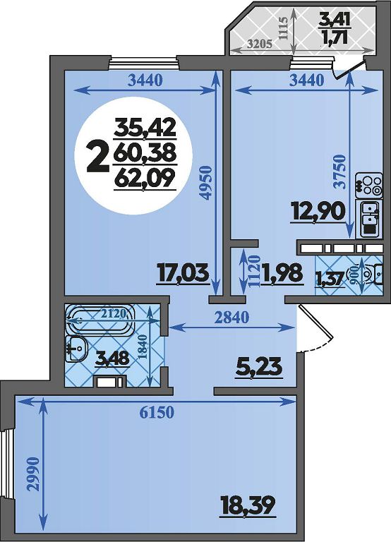 Планировка 2-комнатная 62,09 м²