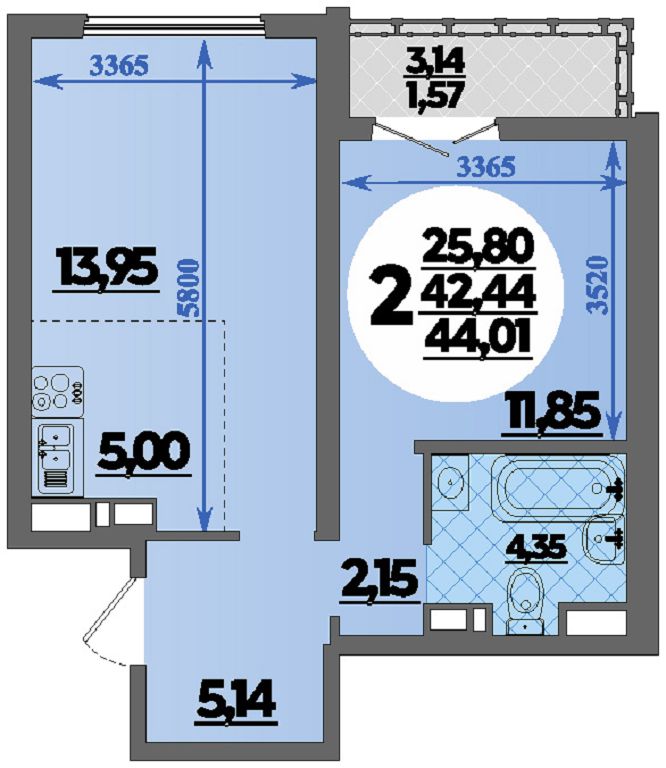 Планировка 2-комнатная 44,01 м²