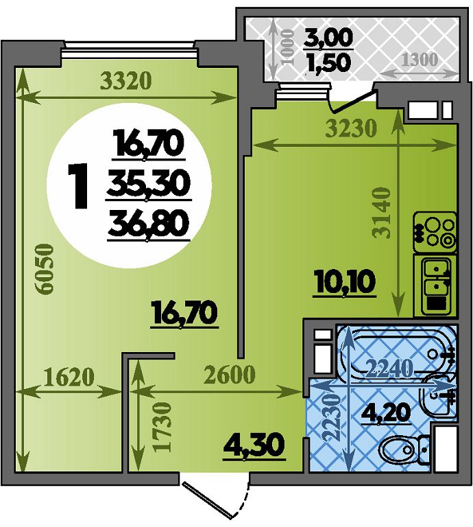 Планировка: 1-комн. квартира 36,8 м²