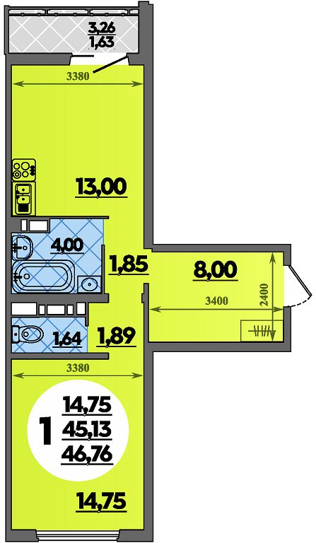 Планировка 1-комнатная 46,76 м²