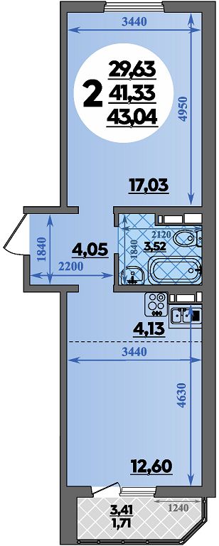 Планировка 2-комнатная 43,04 м²