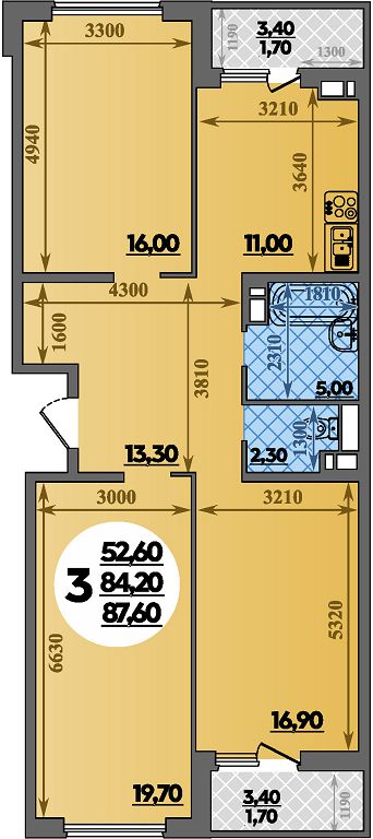 Планировка 3-комнатная 87,6 м²