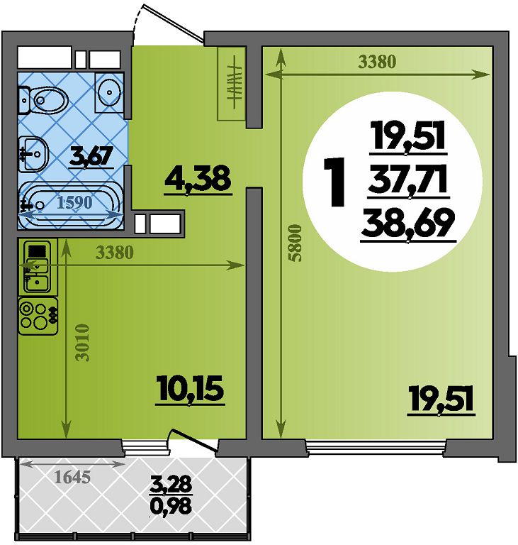 Планировка: 1-комн. квартира 38,7 м²