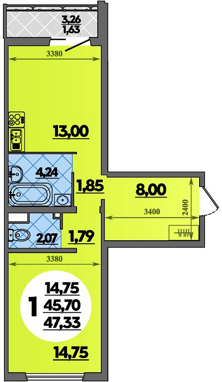 Планировка 1-комнатная 47,33 м²