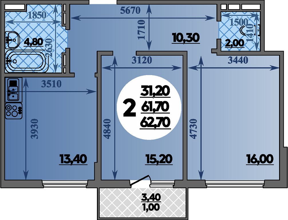Планировка: 2-комн. квартира 62,7 м²
