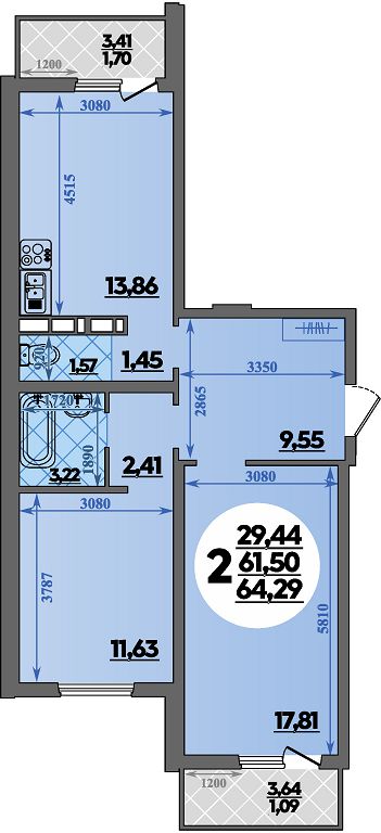 Планировка 2-комнатная 64,29 м²