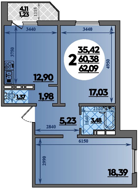 Планировка 2-комнатная 62,09 м²