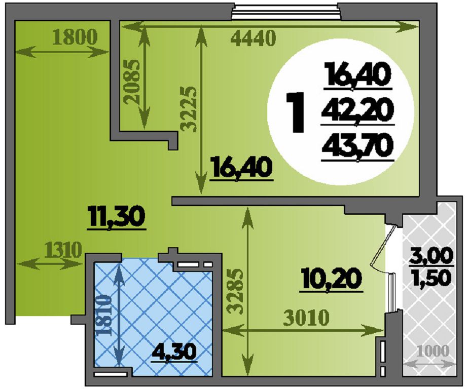 Планировка: 1-комн. квартира 43,7 м²
