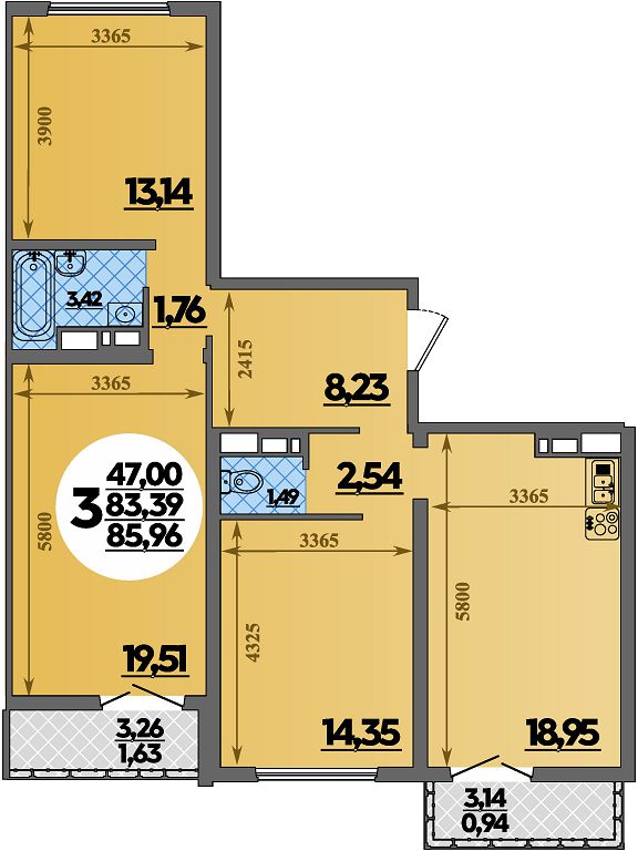 Планировка 3-комнатная 85,96 м²