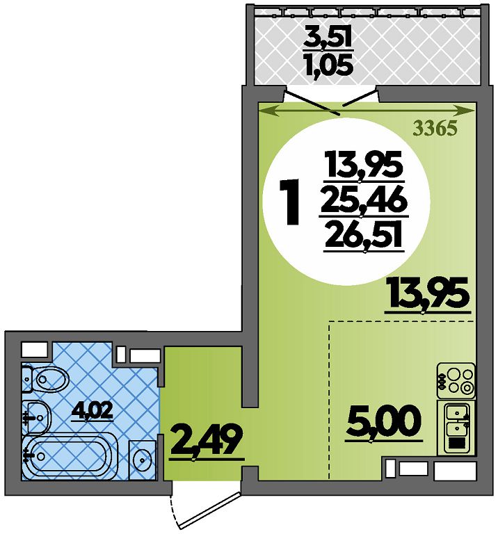 Планировка Студия 26,51 м²