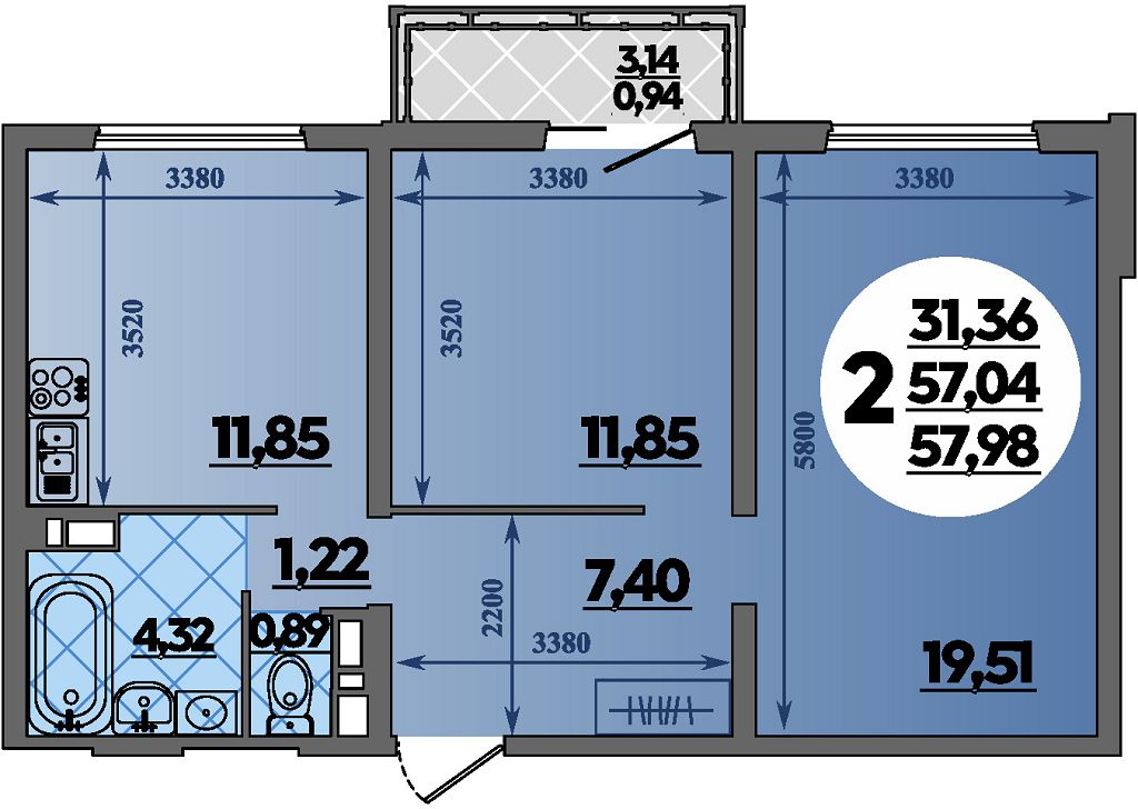 Планировка 2-комнатная 57,98 м²