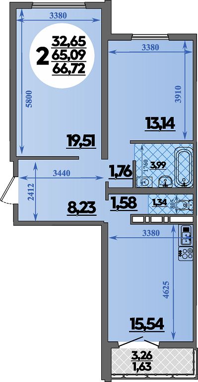 Планировка: 2-комн. квартира 66,7 м²