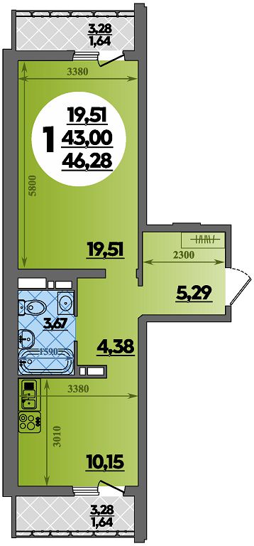 Планировка: 1-комн. квартира 46,3 м²