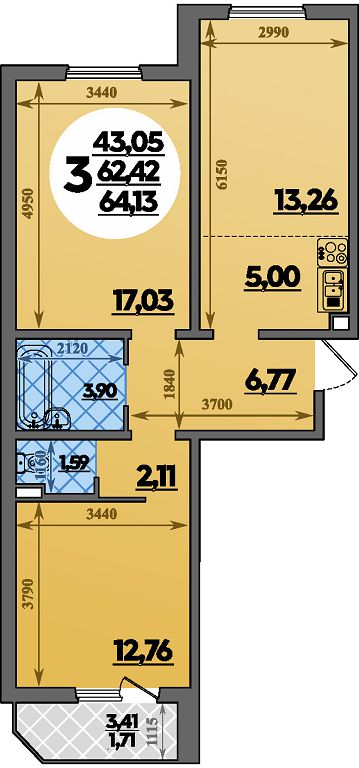 Планировка 3-комнатная 64,13 м²