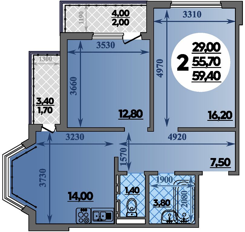 Планировка 2-комнатная 59,4 м²