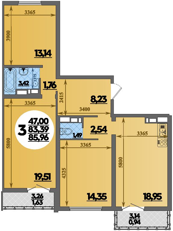 Планировка 3-комнатная 85,96 м²