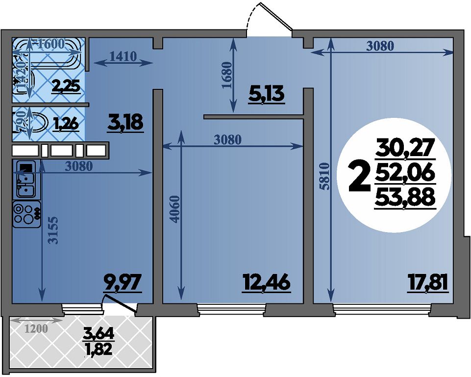 Планировка 2-комнатная 53,88 м²