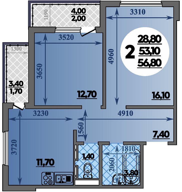 Планировка: 2-комн. квартира 56,8 м²