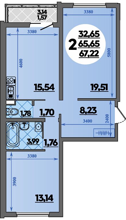 Планировка 2-комнатная 67,22 м²