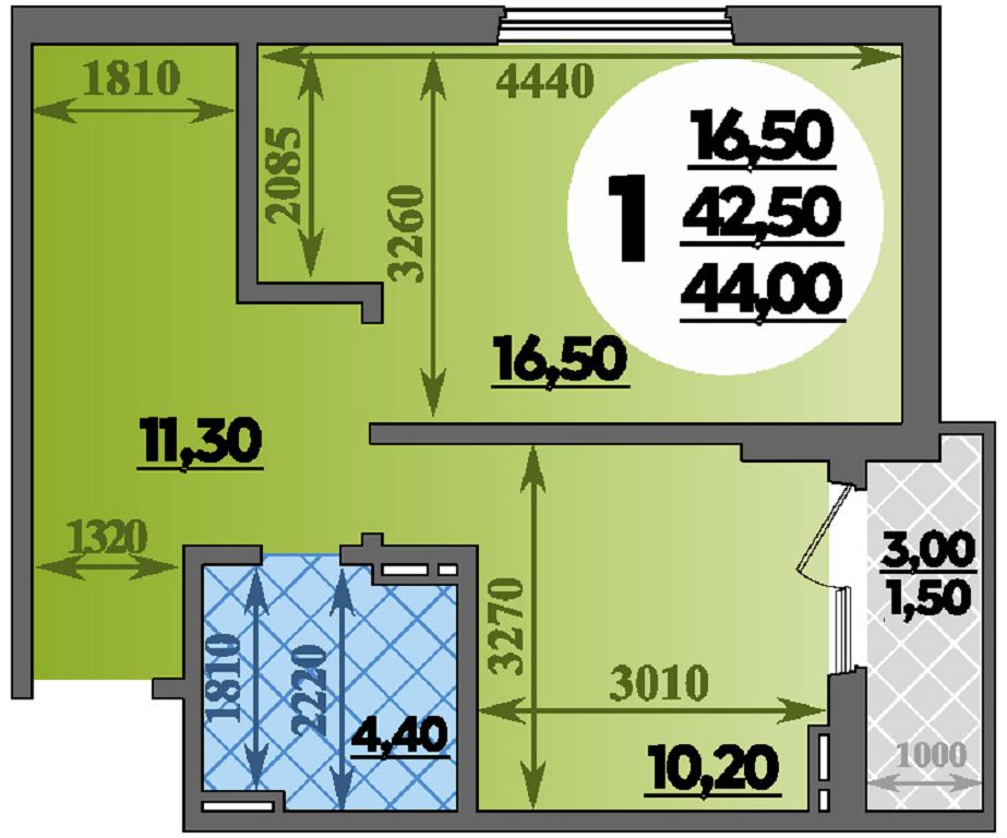 Планировка 1-комнатная 44 м²