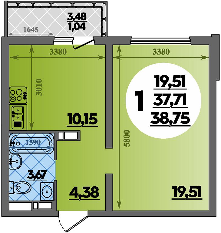 Планировка: 1-комн. квартира 38,8 м²