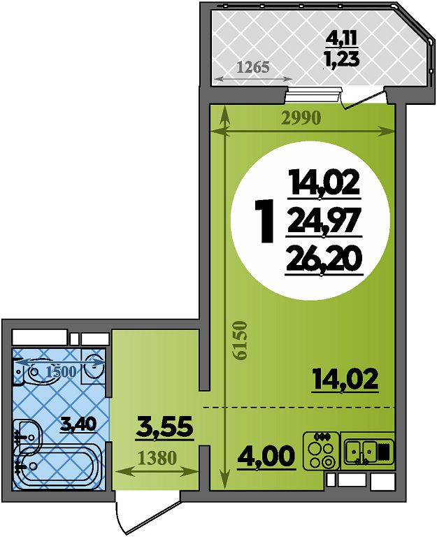 Планировка Студия 26,2 м²