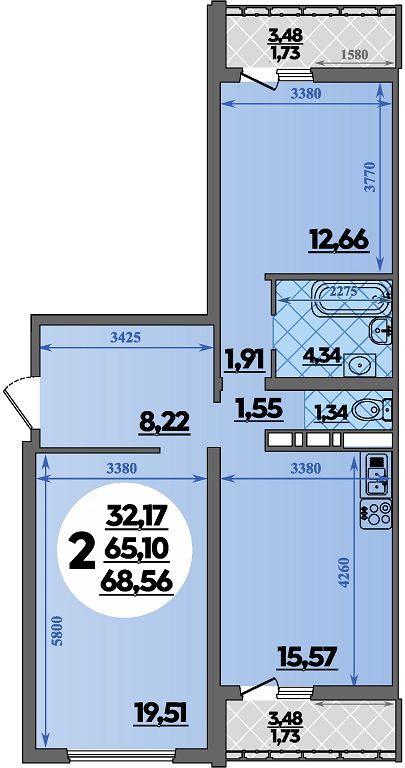 Планировка: 2-комн. квартира 68,6 м²