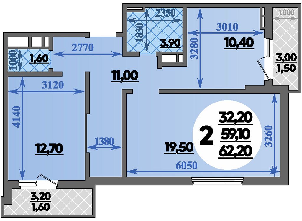 Планировка: 2-комн. квартира 62,2 м²