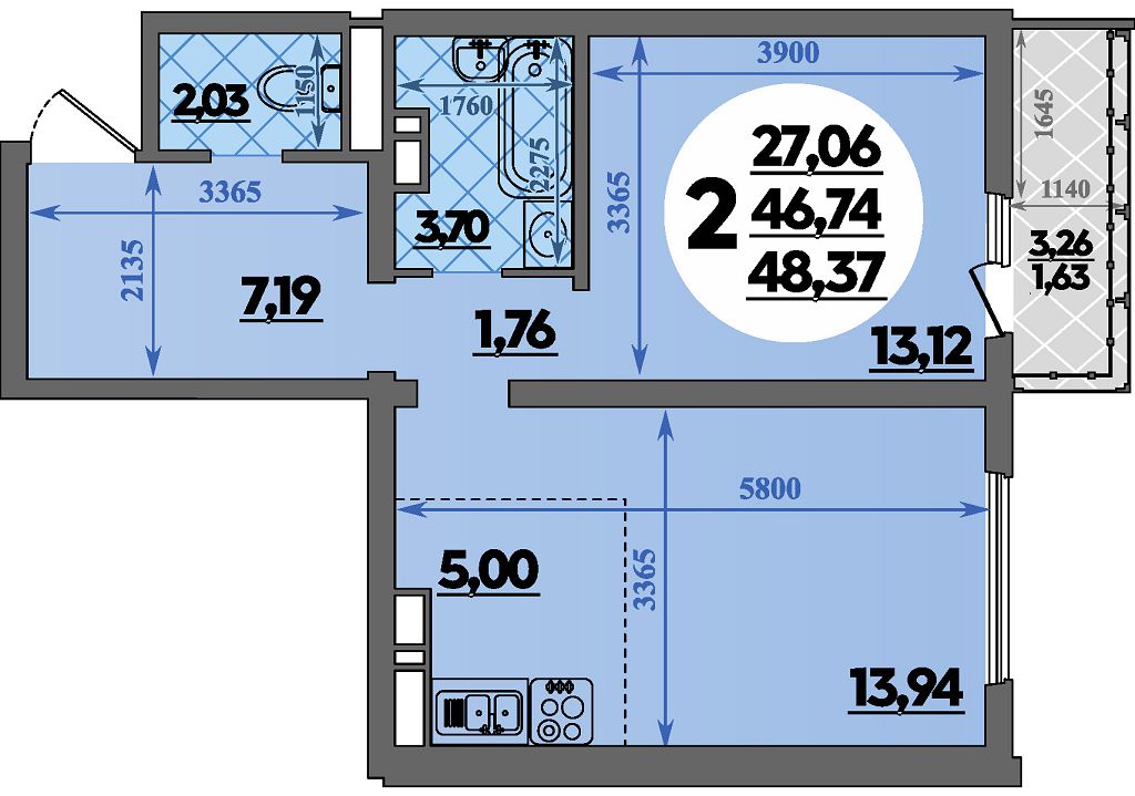 Планировка 2-комнатная 48,37 м²