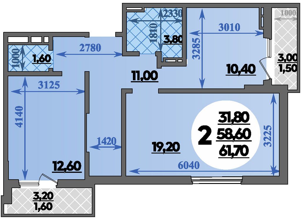 Планировка: 2-комн. квартира 61,7 м²