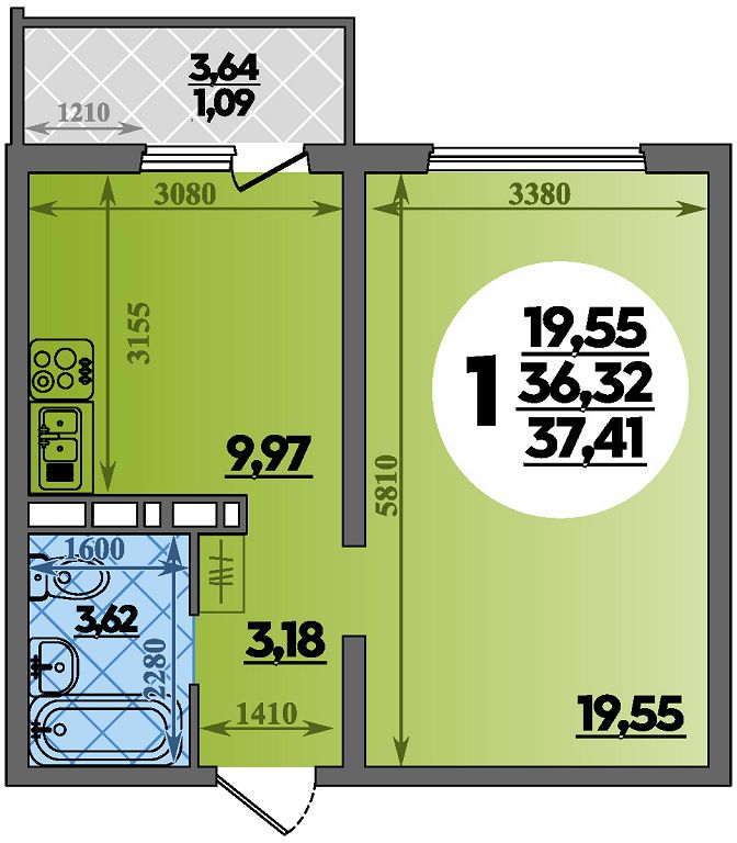 Планировка 1-комнатная 37,41 м²