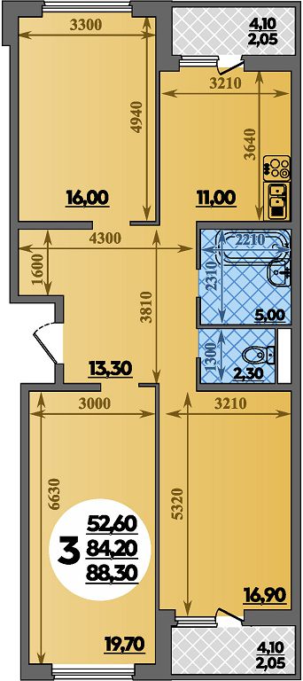 Планировка 3-комнатная 88,3 м²